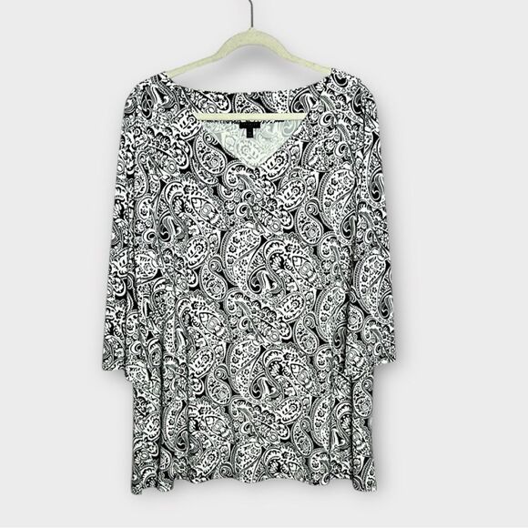 TALBOTS Black White Paisley Blouse Top V-neck 3/4 sleeves size 3X - Picture 1 of 10